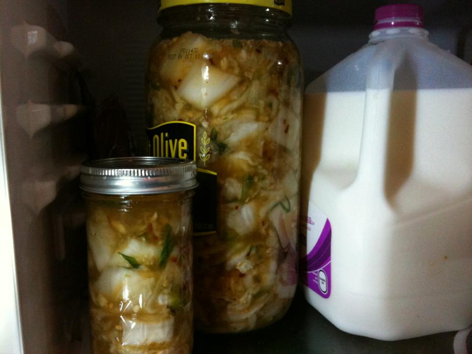 Kimchi made from this recipe, fermenting in my fridge!